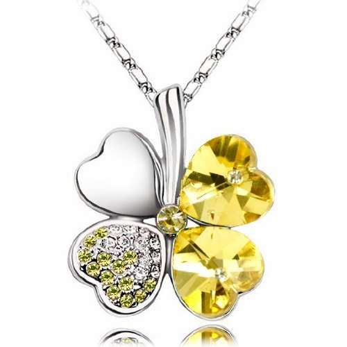 EXQUISITE! Yellow Four Leaf Clover Necklace Made With Precision-Cut Crystals - STYLISH DESIGN!