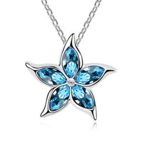 Beautiful Sky Blue Crystal Rhinestone Star Pendant Chain Necklace