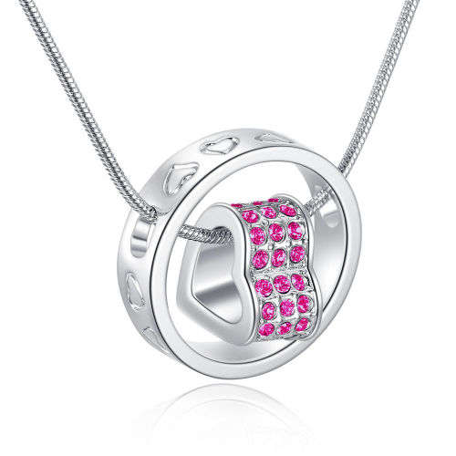 EXQUISITE!! 18K White Gold Plated Heart + Ring Pendant Necklace Made With Pink Swarovski Elements