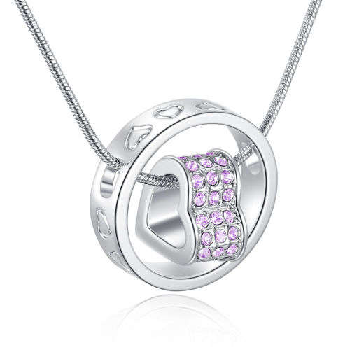EXQUISITE!! 18K White Gold Plated Heart + Ring Pendant Necklace Made With Purple Swarovski Elements