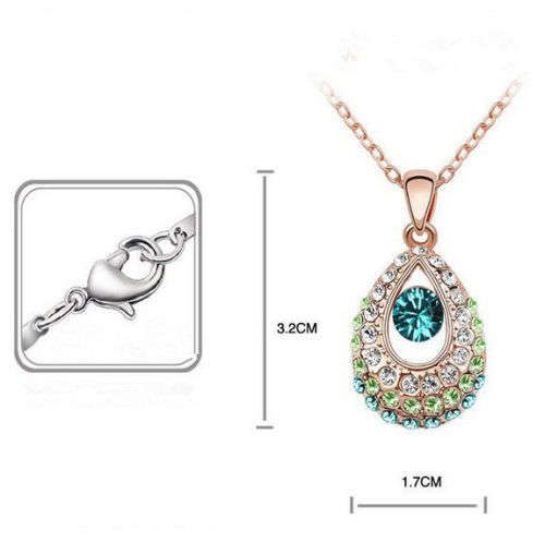 EXQUISITE YELLOW GOLD TONE TEAR DROP NECKLACE - DARK TEAL WITH GREEN AND WHITE