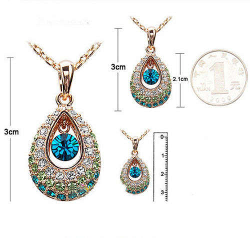 EXQUISITE YELLOW GOLD TONE TEAR DROP NECKLACE - DARK TEAL WITH GREEN AND WHITE