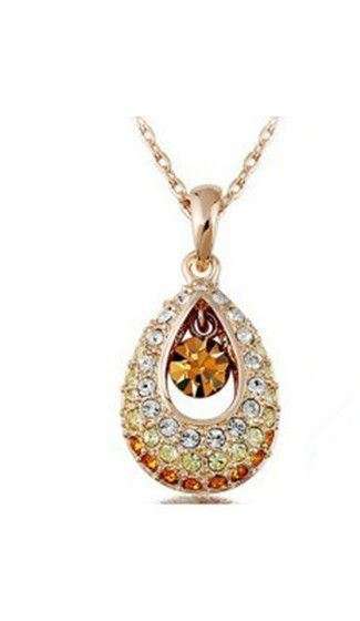 EXQUISITE YELLOW GOLD TONE TEAR DROP CRYSTAL NECKLACE - ORANGE WITH YELLOW AND WHITE CRYSTALS