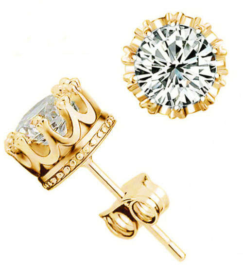 FIT FOR ROYALTY! ELEGANT SIM DIAMOND YELLOW GOLD PLATED CROWN STUD EARRINGS