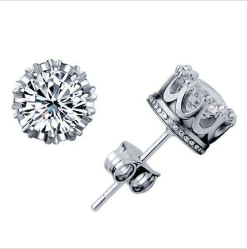 FIT FOR ROYALTY! ELEGANT SIM DIAMOND WHITE GOLD PLATED CROWN STUD EARRINGS