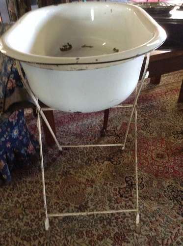 Vintage Enamel Baby Bath with Stand