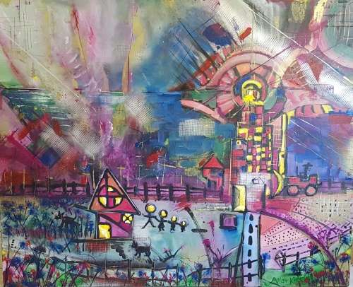 ***Allan Kuhnel - Original abstract painting - A Farmer's City - Decor***