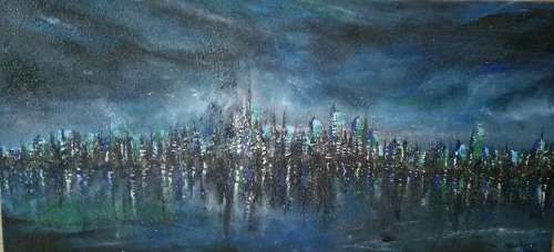 ***Allan Kuhnel - Original painting - BLUE NIGHT CITY - In the stillness before the awakening***