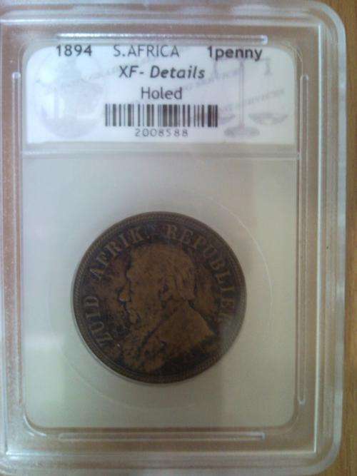1894 S.Africa 1Penny ---XF DETAILS [[Holed]]
