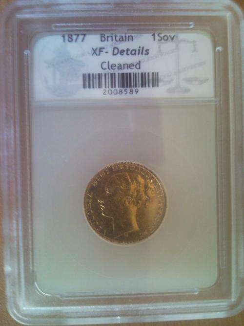 1877 Britain 1 Sovereign Q Victoria Gold Coin [[XF - Details]]