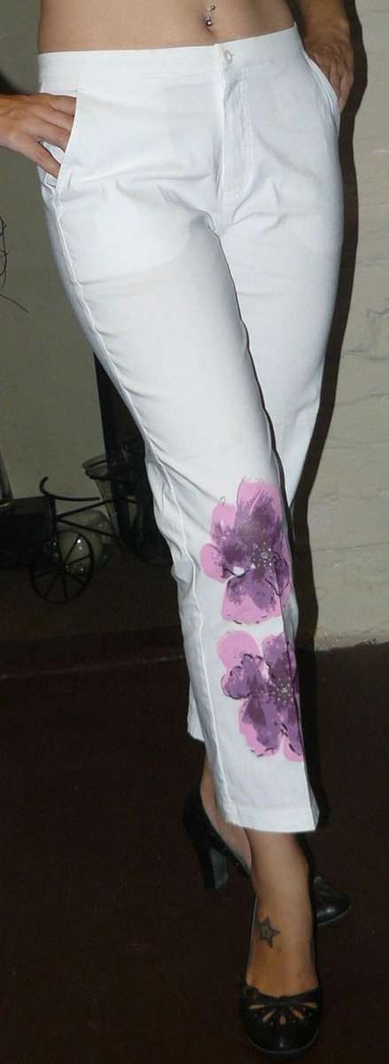 White high waisted stretch paints with flower diamante detail - L (small cut)