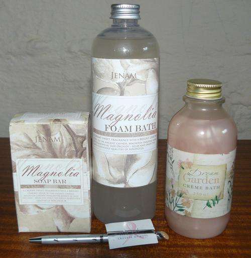 Magnolia soap bar and foam bath, dream creme bath and breast cancer pen