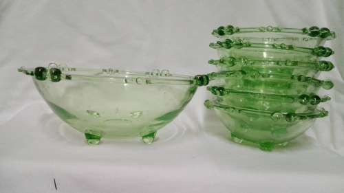 Green glass Art Deco Fruit Bowl Set by Sowerby - Complete