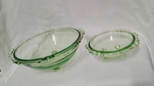 Green glass Art Deco Fruit Bowl Set by Sowerby - Complete