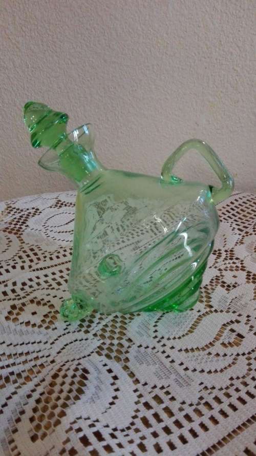 Unique footed Green Depression glass decanter
