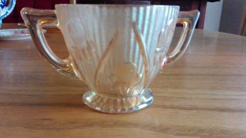 Carnival glass iris and herringbone sugar bowl