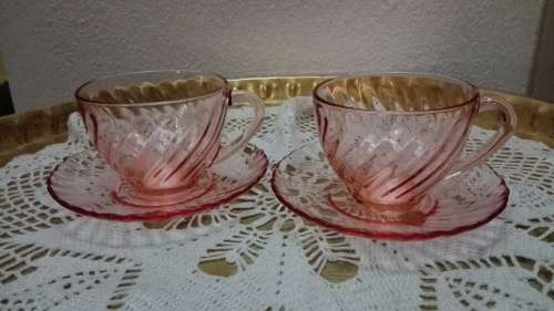 2 Arcaroc Pink Glass tea cup duos