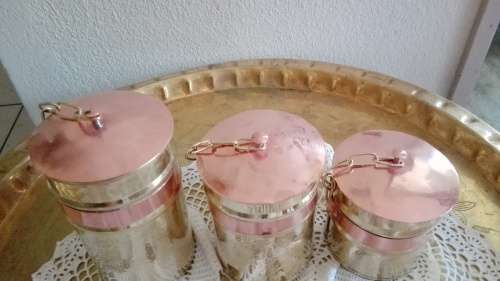 Set of 3 yellow and red copper cannisters