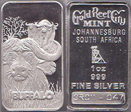 1oz .999 fine silver Gold Reef City Mint Buffalo bullion bar