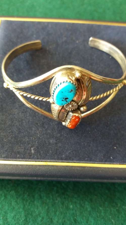 Vintage Native American Sterling Silver Coral And Turquoise Cuff Bangle - (Signed)