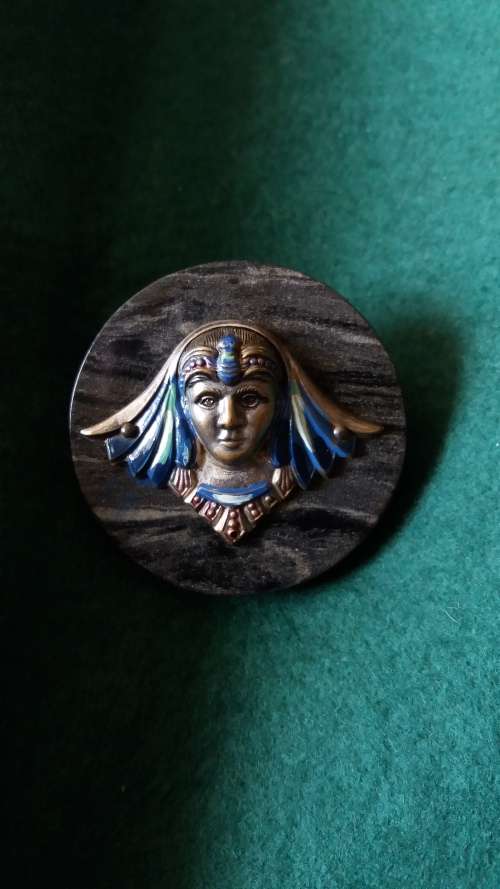 Vintage Egyptian White Metal And Enamel Cleopatra Brooch