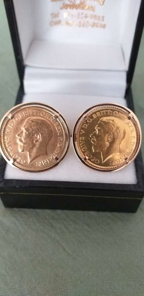 Antique Pair 1915 22ct Gold George V Half Sovereign Cufflinks - (15.6g)