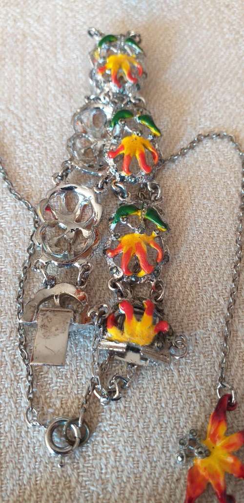 Vintage Rhodium Plated Marcasite And Enamel Flame Lily Necklace And Bracelet Set