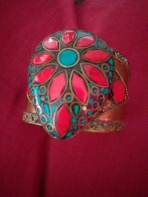 Tibetan Brass Cuff Bangle Set With Coral And Turquoise