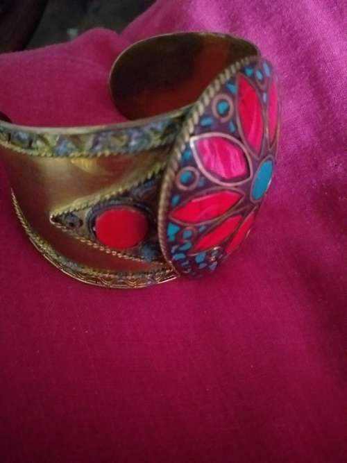 Tibetan Brass Cuff Bangle Set With Coral And Turquoise
