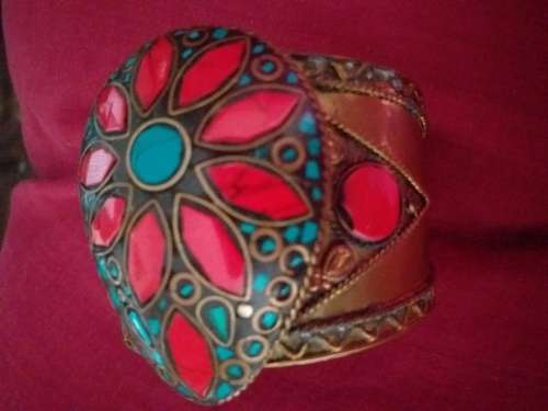 Tibetan Brass Cuff Bangle Set With Coral And Turquoise