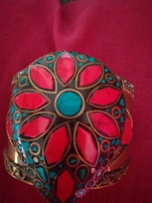 Tibetan Brass Cuff Bangle Set With Coral And Turquoise