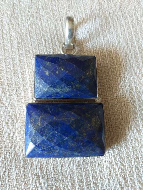 Genuine Checker Board Cut Double Lapis Lazuli Gemstone Pendant