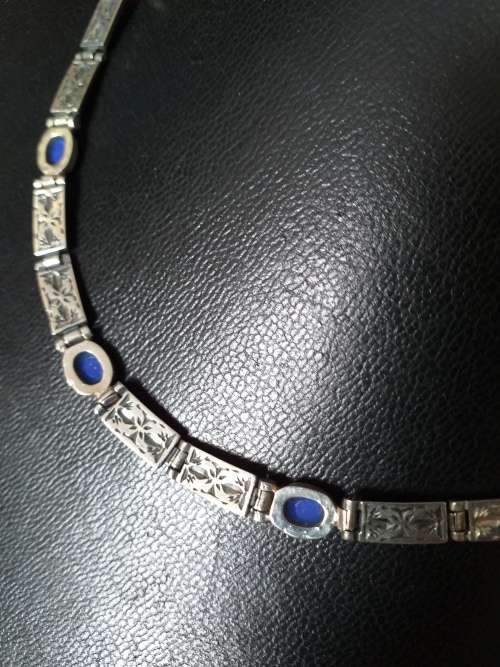 Vintage Sterling Silver And Lapis Lazuli Choker Necklace - (32g)