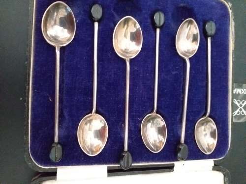 Vintage Boxed Set Of Six Art Deco HM Silver Coffee Bean Spoon - (Sheffield 1930) - (38.1g)