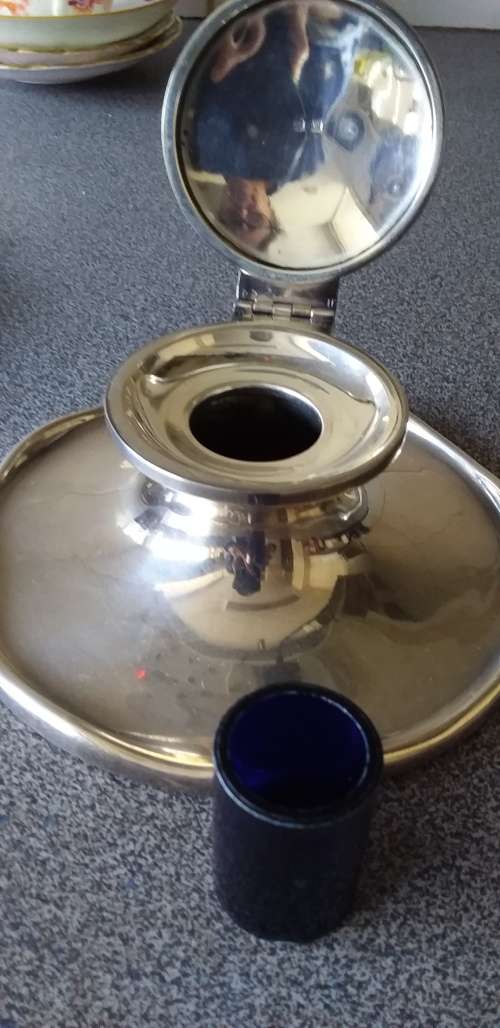 Large Heavy Vintage Hallmarked Silver Inkwell - Birmingham 1946 - (Total weight 430g)