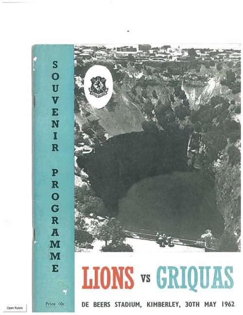 Rugby programme. Griqualand West vs British Lions 1962