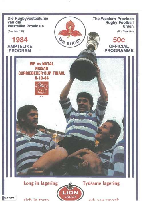 Rugby programme. WP vs Natal 1984 Currie Cup Final