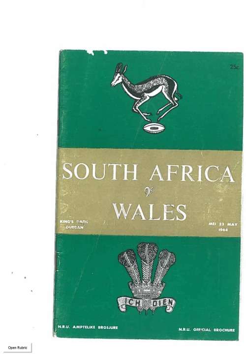 Rugby Match programme. South Africa vs Wales 23 May 1964
