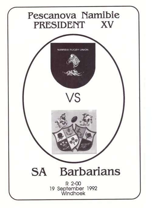 Rugby programme. Namibia vs SA Barbarians 19 Sept 1992 Windhoek