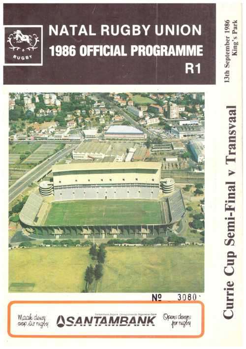 Rugby programme. Natal vs Transvaal CC SEMi FINAL 13 September 1986