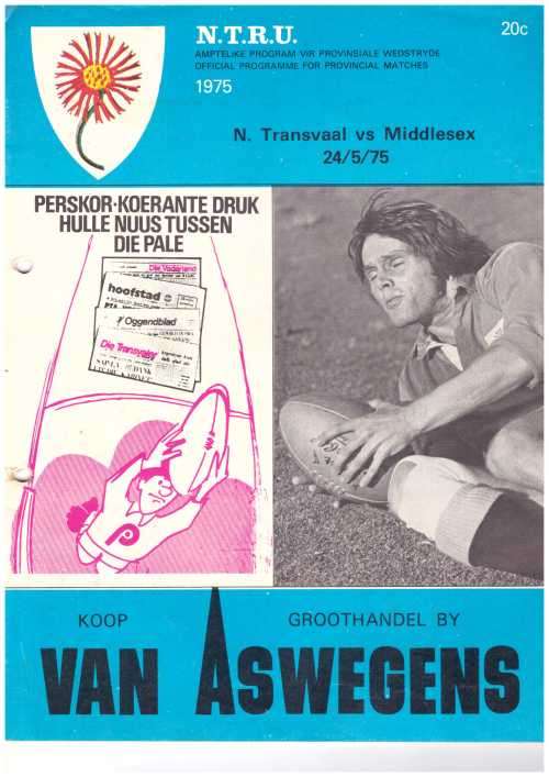 Rugby programme. NTvl vs Middlesex 24/5/1975. Second last page with season's fixtures missing.