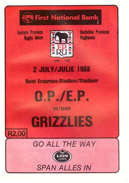 Rugby programme. EP vs Grizzlies 2 July 1988