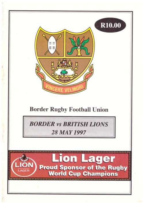 Rugby programme. Border vs British Lions 28 May 1997 East London
