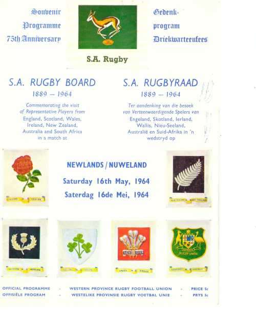 Rugby programme. SA Rugby Board 75 year Jubilee Match 16 May 1964 Newlands