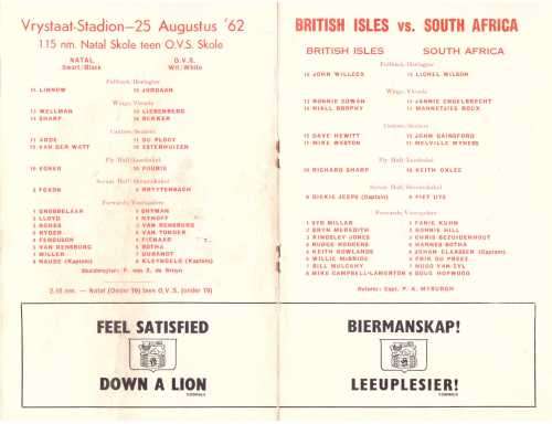 Rugby souvenir programme. South Africa vs British & Irish Lions 25 Aug 1962 Bloemfontein