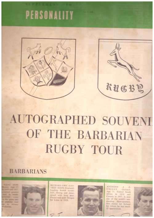 Rugby Supplement Autographed souvenir Barbarian Tour to SA 1958 4 pages Punched holes