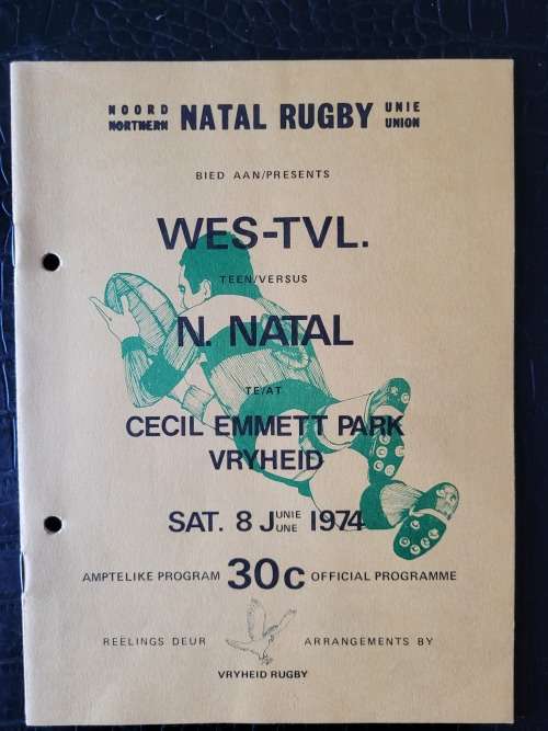 Rugby programme Northern Natal vs WTvl B Inauguration  Cecil Emmett Park, Vryheid 1974 Punched holes