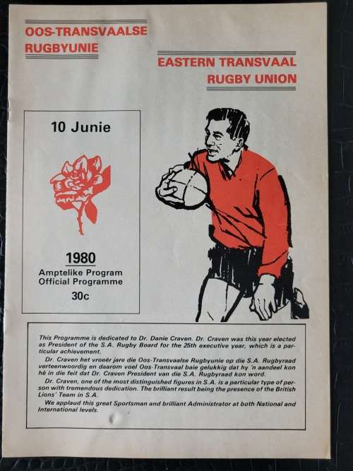Rugby programme Eastern Transvaal vs British & Irish Lions 10 June 1980