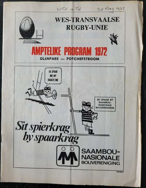 Rugby programme WTvl v Tvl Potchefstroom 23 May 1972 Currie Cup