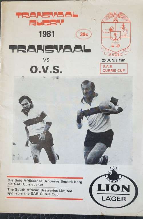 Rugby programme. Transvaal vs OFS 20 June 1981